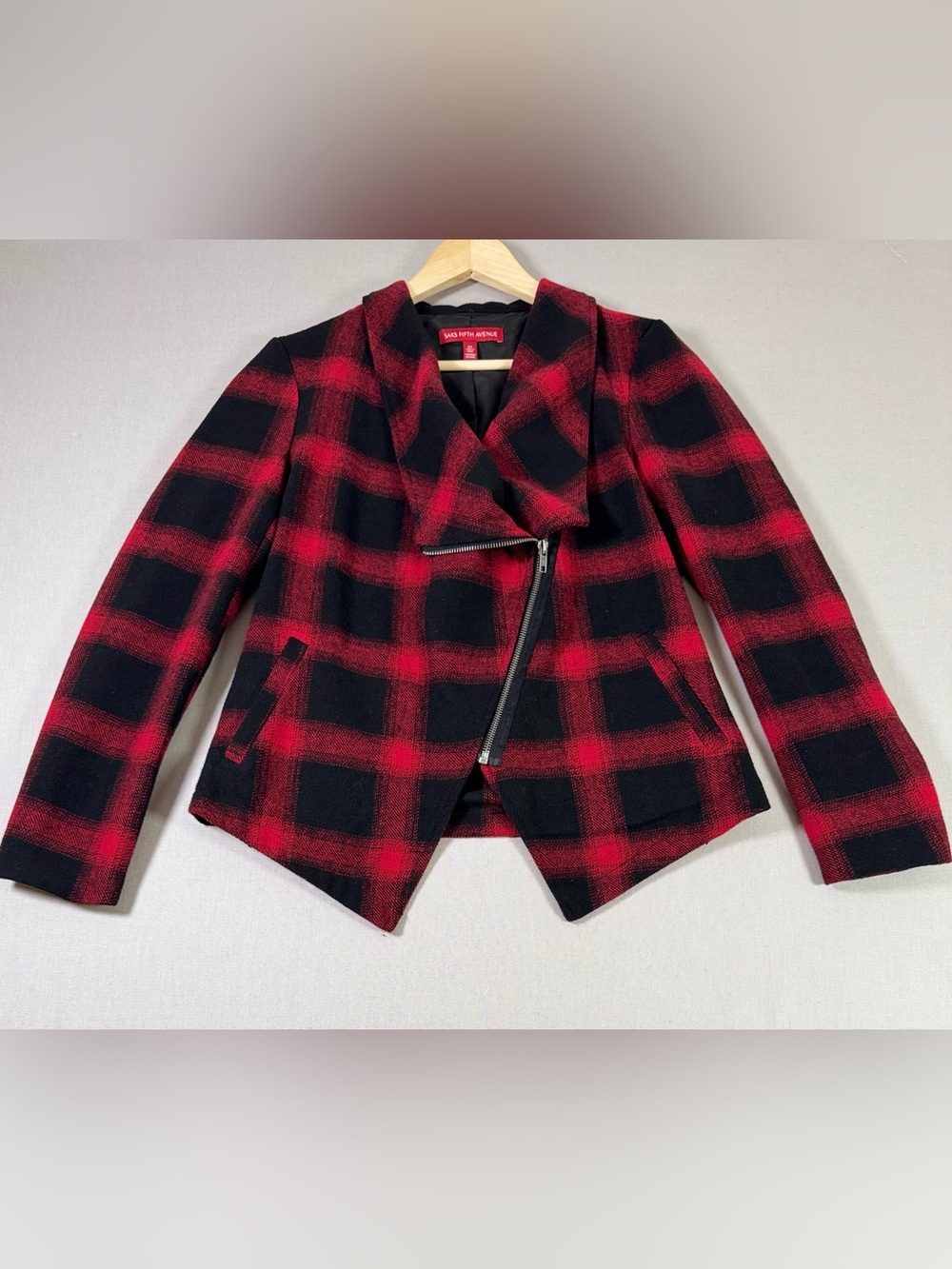 Saks Fifth Avenue Black and Red Plaid Asymmetric Zip Blazer Small